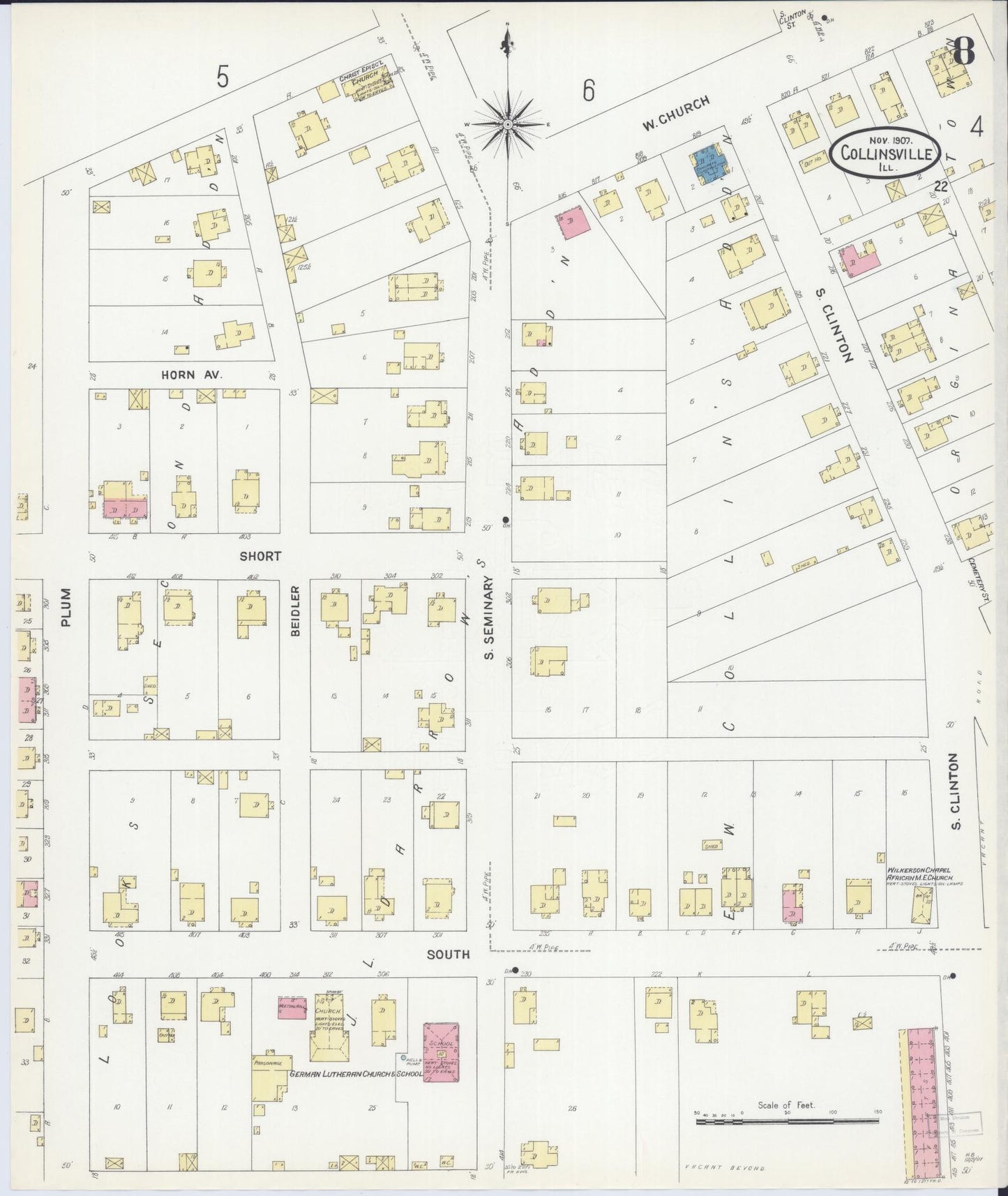 Sanborn Fire Insurance Map from Collinsville, Madison County, Illinois (1907), Sheet #0008 - Complete Map Set gallery image, historic Sanborn map, vintage wall art, Illinois Illinois