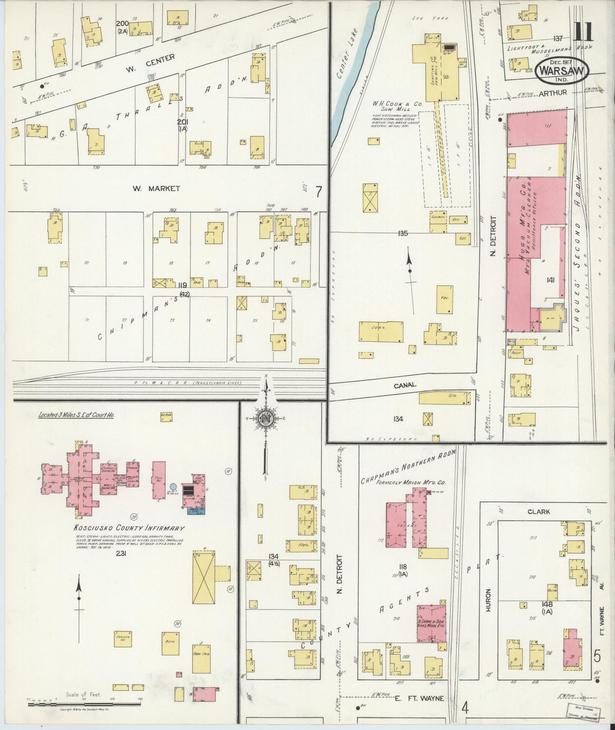 Sanborn Fire Insurance Map from Warsaw, Kosciusko County, Indiana (1917), Sheet #0011 - Historic Sanborn Fire Insurance Map Print, vintage old map wall art, antique decor, genealogy gift, Indiana Indiana map