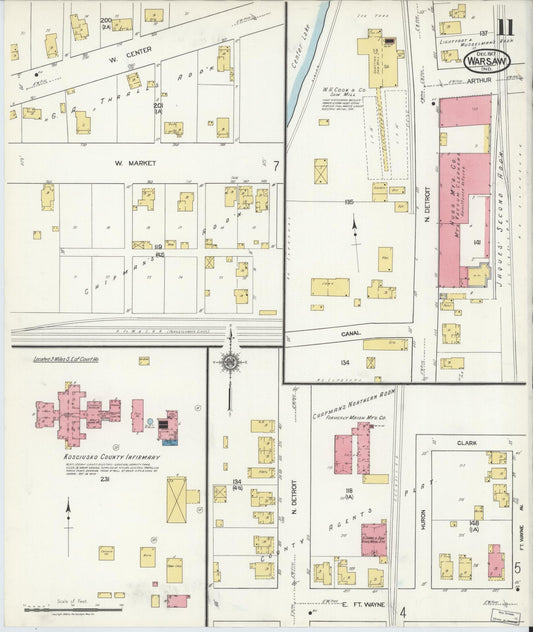 Sanborn Fire Insurance Map from Warsaw, Kosciusko County, Indiana (1917), Sheet #0011 - Historic Sanborn Fire Insurance Map Print, vintage old map wall art, antique decor, genealogy gift, Indiana Indiana map