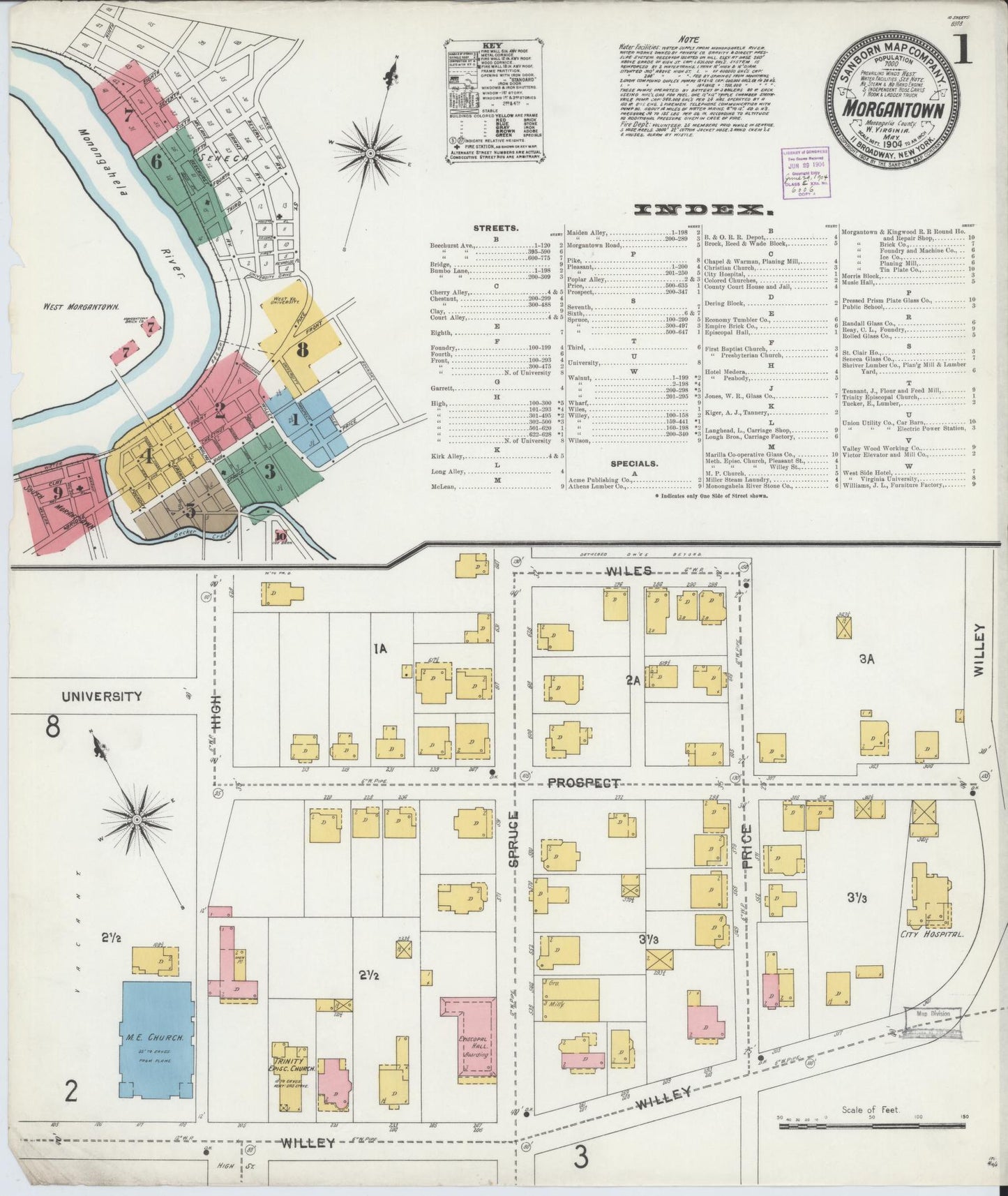 Sanborn Fire Insurance Map from Morgantown, Monongalia County, West Virginia (1904), Sheet #0001 - Complete Map Set gallery image, historic Sanborn map, vintage wall art, West Virginia West Virginia