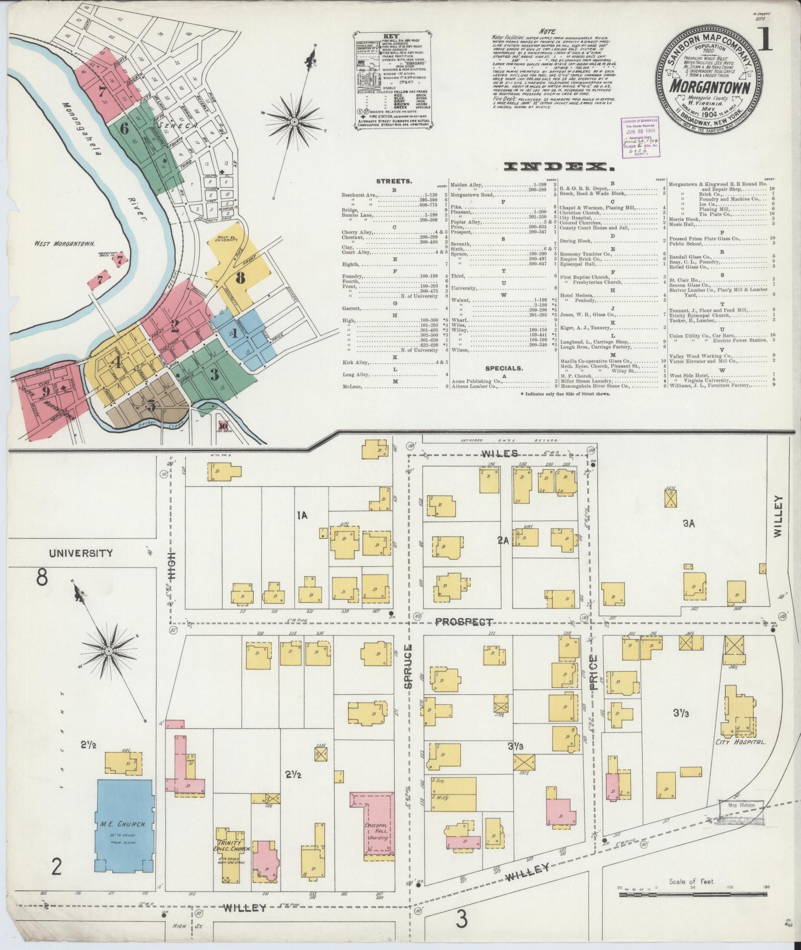 Sanborn Fire Insurance Map from Morgantown, Monongalia County, West Virginia (1904), Sheet #0001 - Complete Map Set gallery image, historic Sanborn map, vintage wall art, West Virginia West Virginia
