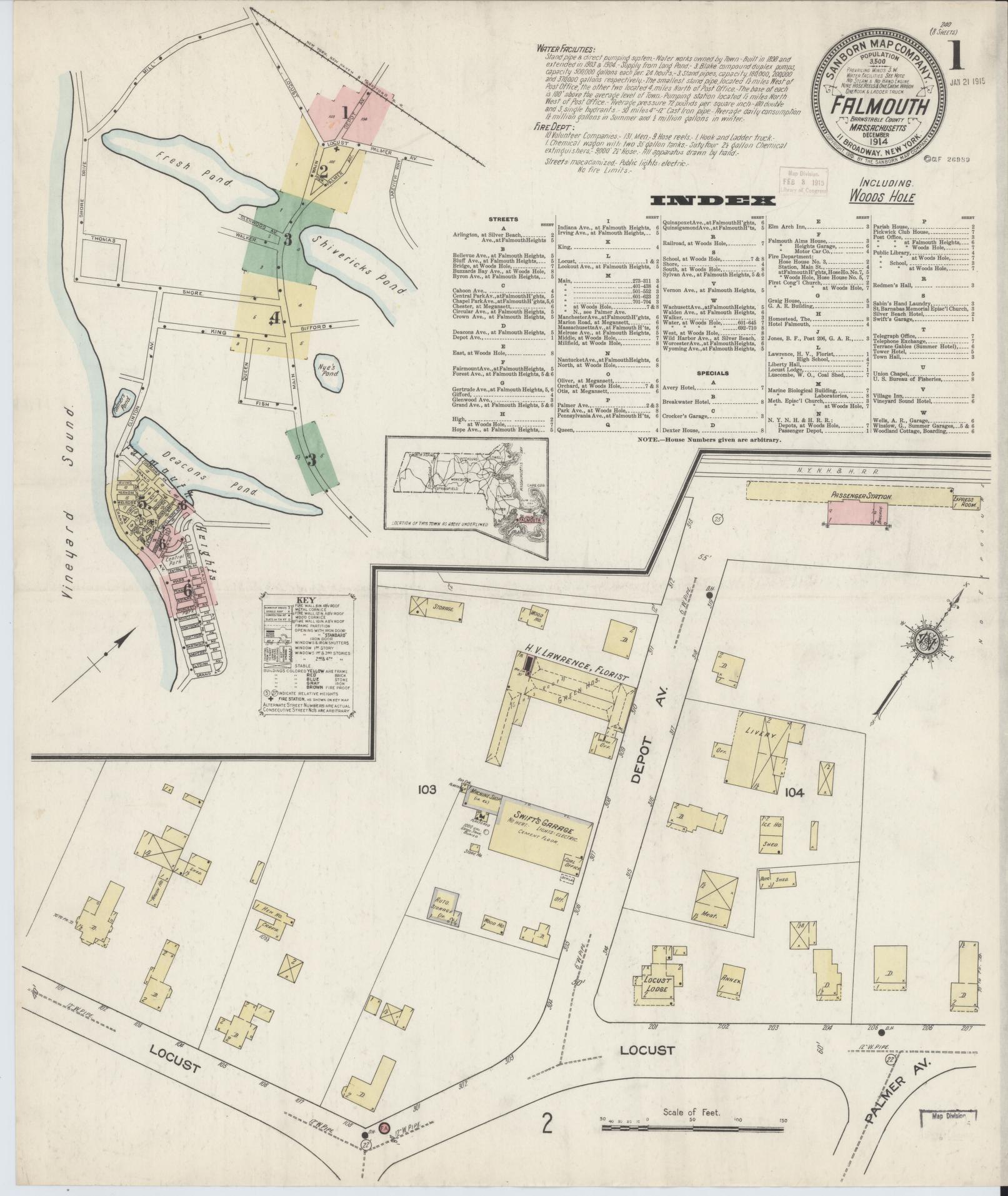 Sanborn Fire Insurance Map from Falmouth, Barnstable County, Massachusetts (1914), Sheet #0001 - Complete Map Set gallery image, historic Sanborn map, vintage wall art, Massachusetts Massachusetts