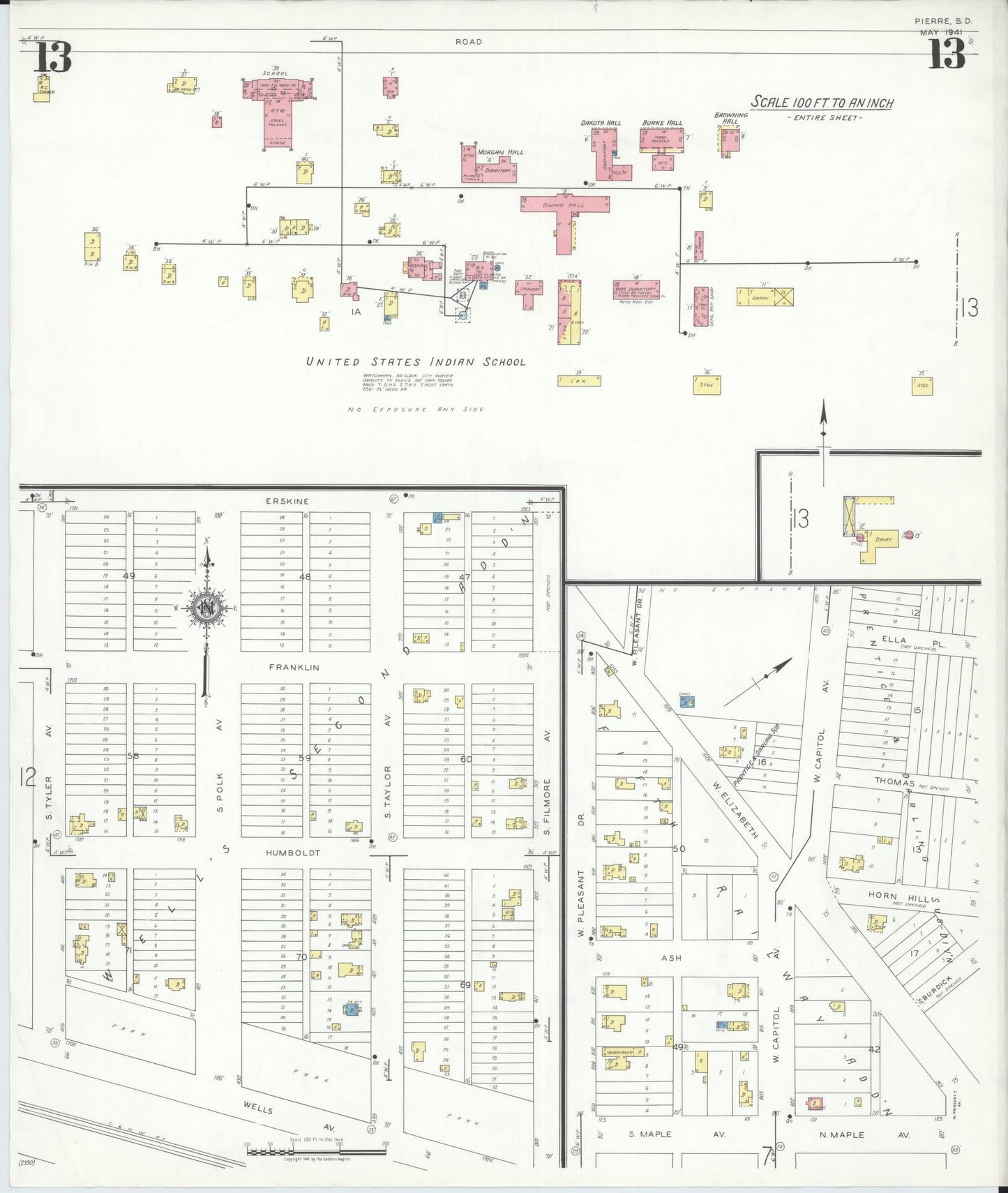 Sanborn Fire Insurance Map from Pierre, Hughes County, South Dakota (1941), Sheet #0013 - Historic Sanborn Fire Insurance Map Print, vintage old map wall art, antique decor, genealogy gift, South Dakota South Dakota map