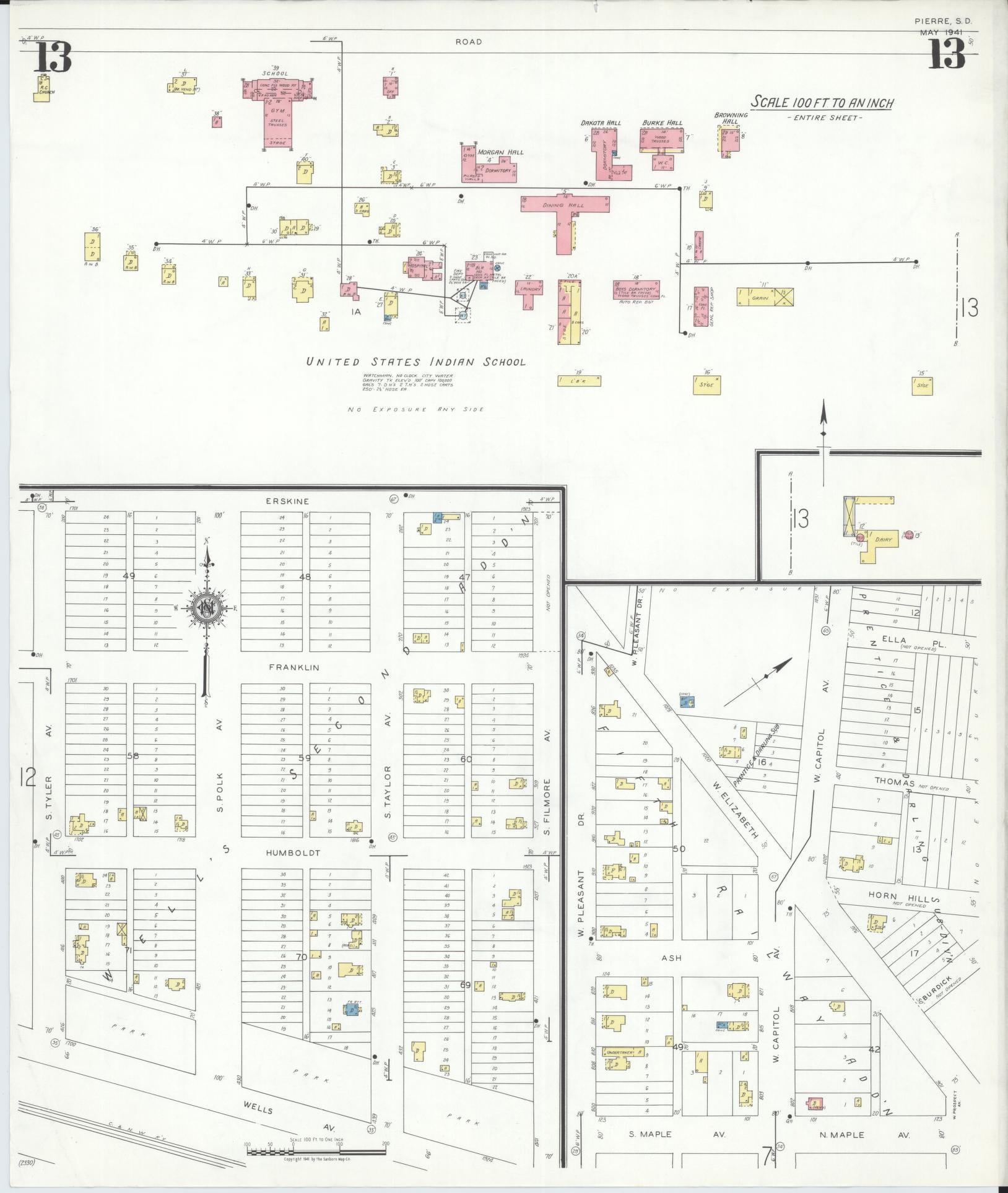 Sanborn Fire Insurance Map from Pierre, Hughes County, South Dakota (1941), Sheet #0013 - Historic Sanborn Fire Insurance Map Print, vintage old map wall art, antique decor, genealogy gift, South Dakota South Dakota map