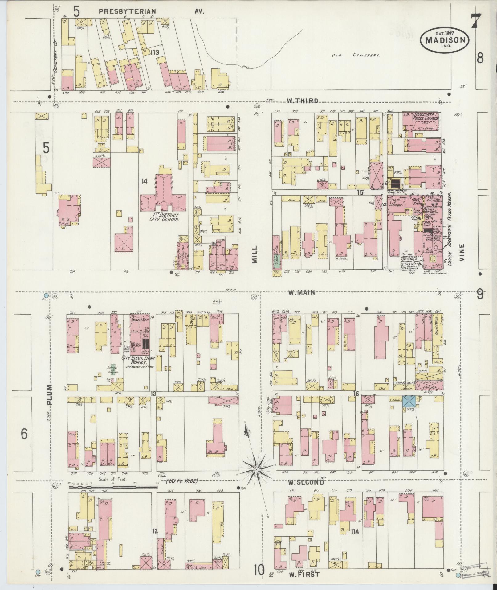 Sanborn Fire Insurance Map from Madison, Jefferson County, Indiana (1897), Sheet #0007 - Historic Sanborn Fire Insurance Map Print, vintage old map wall art, antique decor, genealogy gift, Indiana Indiana map