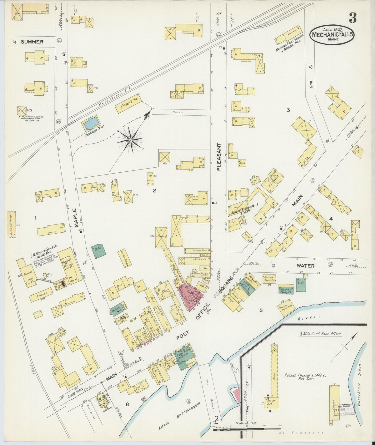 Sanborn Fire Insurance Map from Mechanic Falls, Androscoggin County, Maine (1907), Sheet #0003 - Complete Map Set gallery image, historic Sanborn map, vintage wall art, Maine Maine
