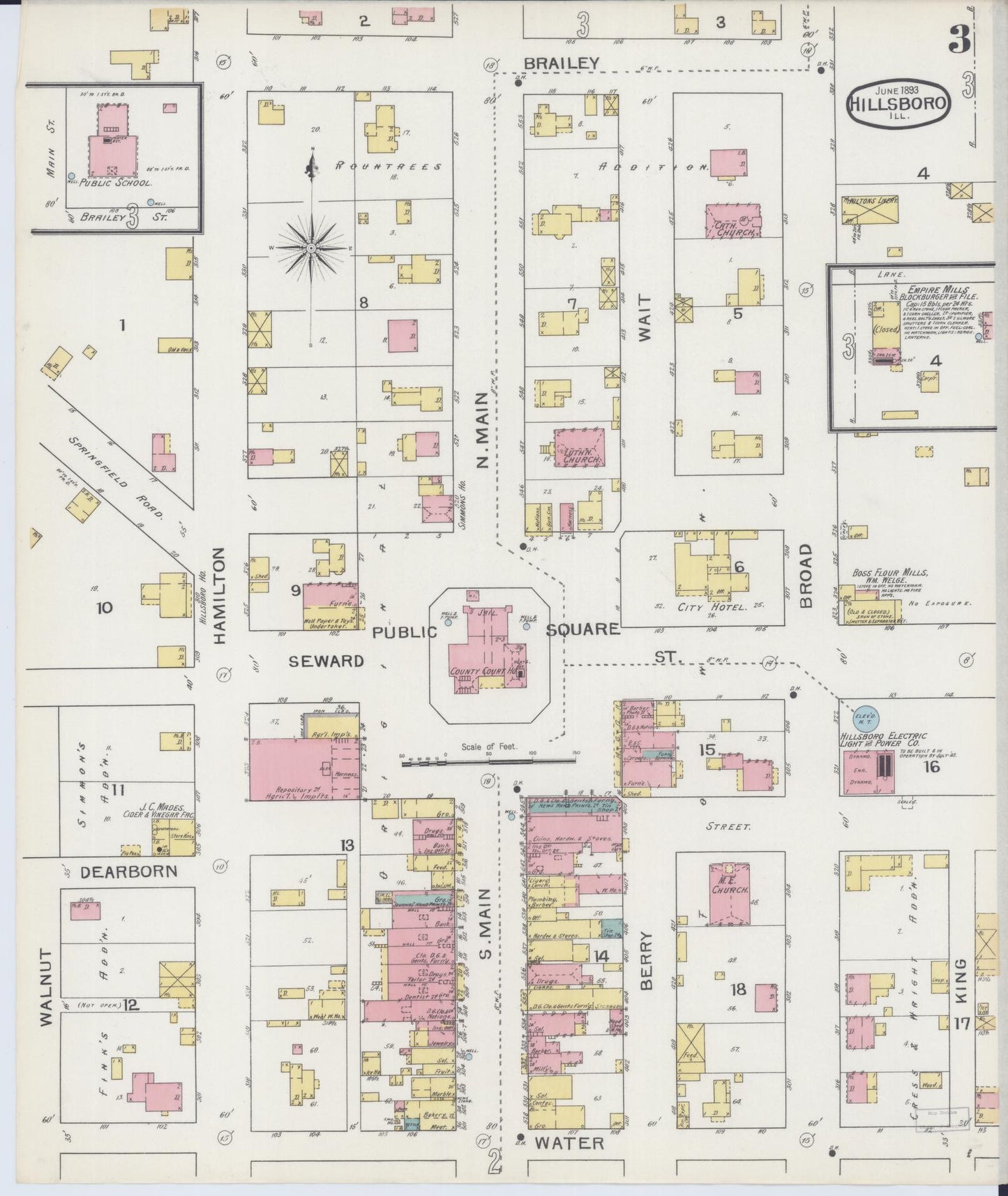 Sanborn Fire Insurance Map from Hillsboro, Montgomery County, Illinois (1893), Sheet #0003 - Historic Sanborn Fire Insurance Map Print, vintage old map wall art, antique decor, genealogy gift, Illinois Illinois map