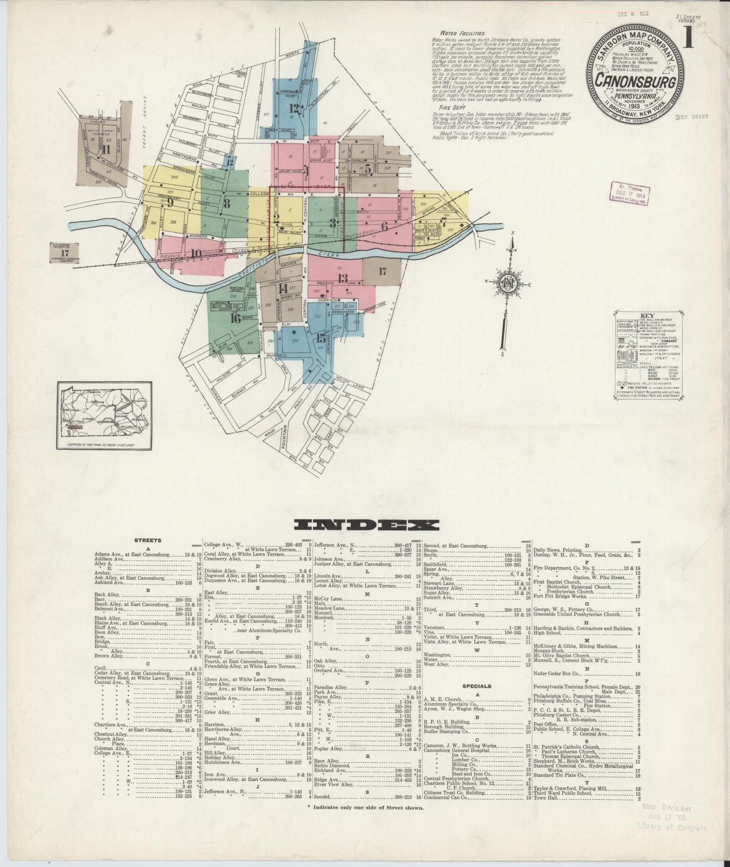 Sanborn Fire Insurance Map from Canonsburg, Washington County, Pennsylvania (1913), Sheet #0001 - Historic Sanborn Fire Insurance Map Print, vintage old map wall art, antique decor, genealogy gift, Pennsylvania Pennsylvania map
