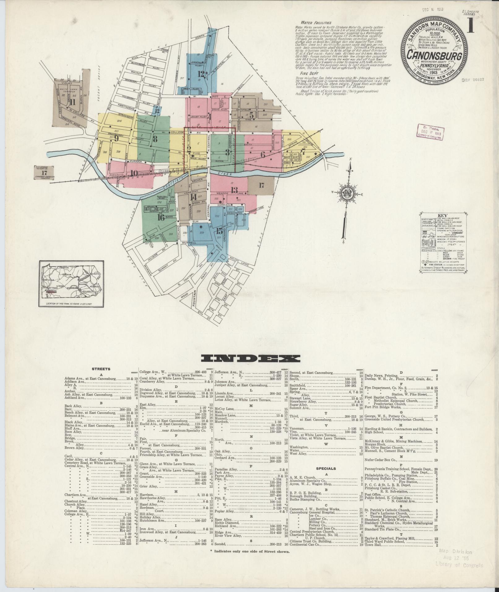 Sanborn Fire Insurance Map from Canonsburg, Washington County, Pennsylvania (1913), Sheet #0001 - Historic Sanborn Fire Insurance Map Print, vintage old map wall art, antique decor, genealogy gift, Pennsylvania Pennsylvania map