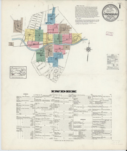 Sanborn Fire Insurance Map from Canonsburg, Washington County, Pennsylvania (1913), Sheet #0001 - Historic Sanborn Fire Insurance Map Print, vintage old map wall art, antique decor, genealogy gift, Pennsylvania Pennsylvania map