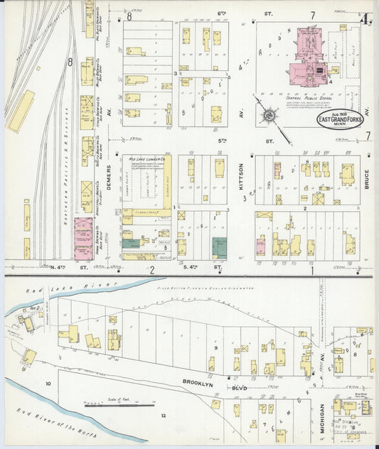 Sanborn Fire Insurance Map from East Grand Forks, Polk County, Minnesota (1909), Sheet #0004 - Historic Sanborn Fire Insurance Map Print, vintage old map wall art, antique decor, genealogy gift, Minnesota Minnesota map