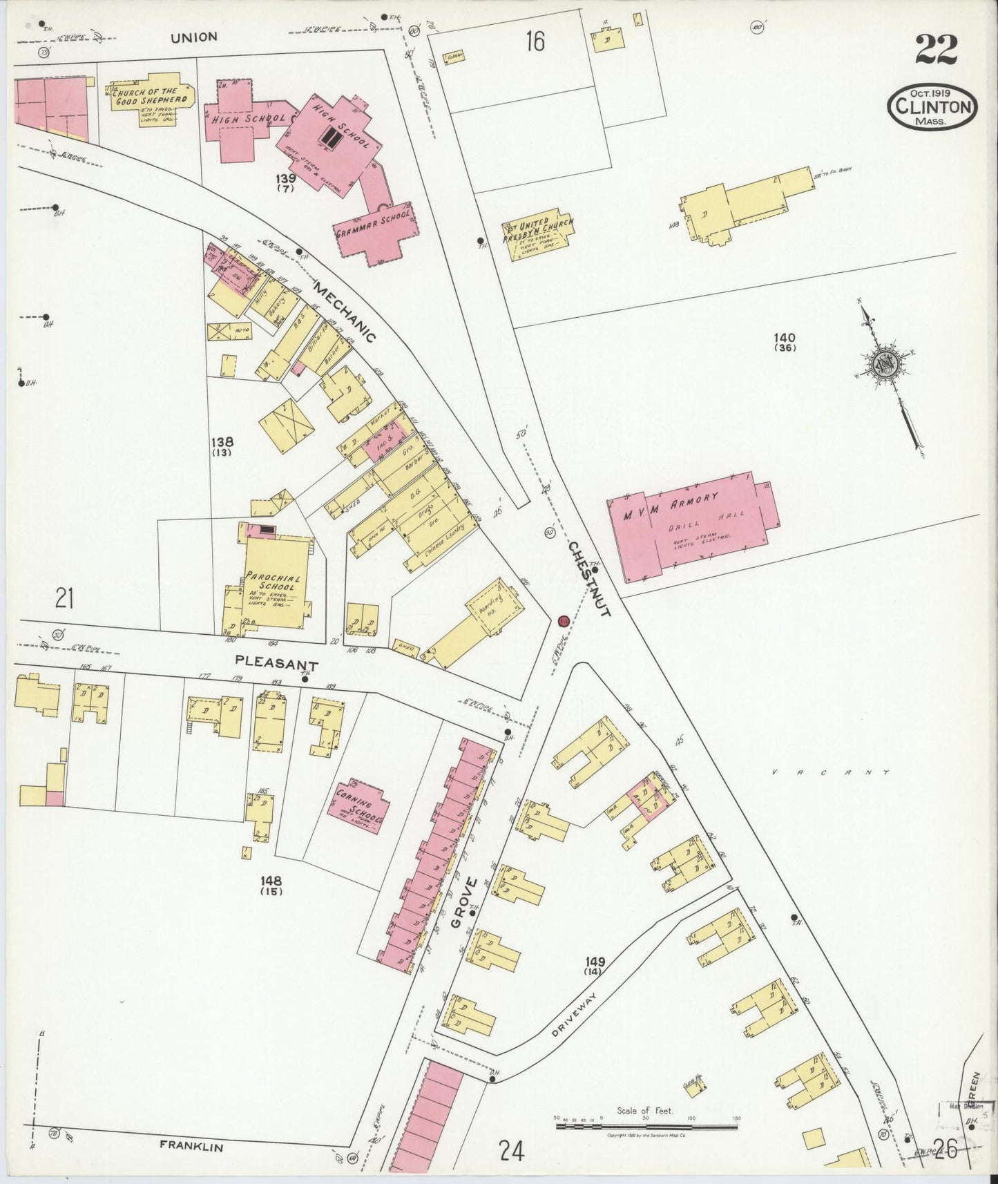 Sanborn Fire Insurance Map from Clinton, Worcester County, Massachusetts (1919), Sheet #0022 - Complete Map Set gallery image, historic Sanborn map, vintage wall art, Massachusetts Massachusetts