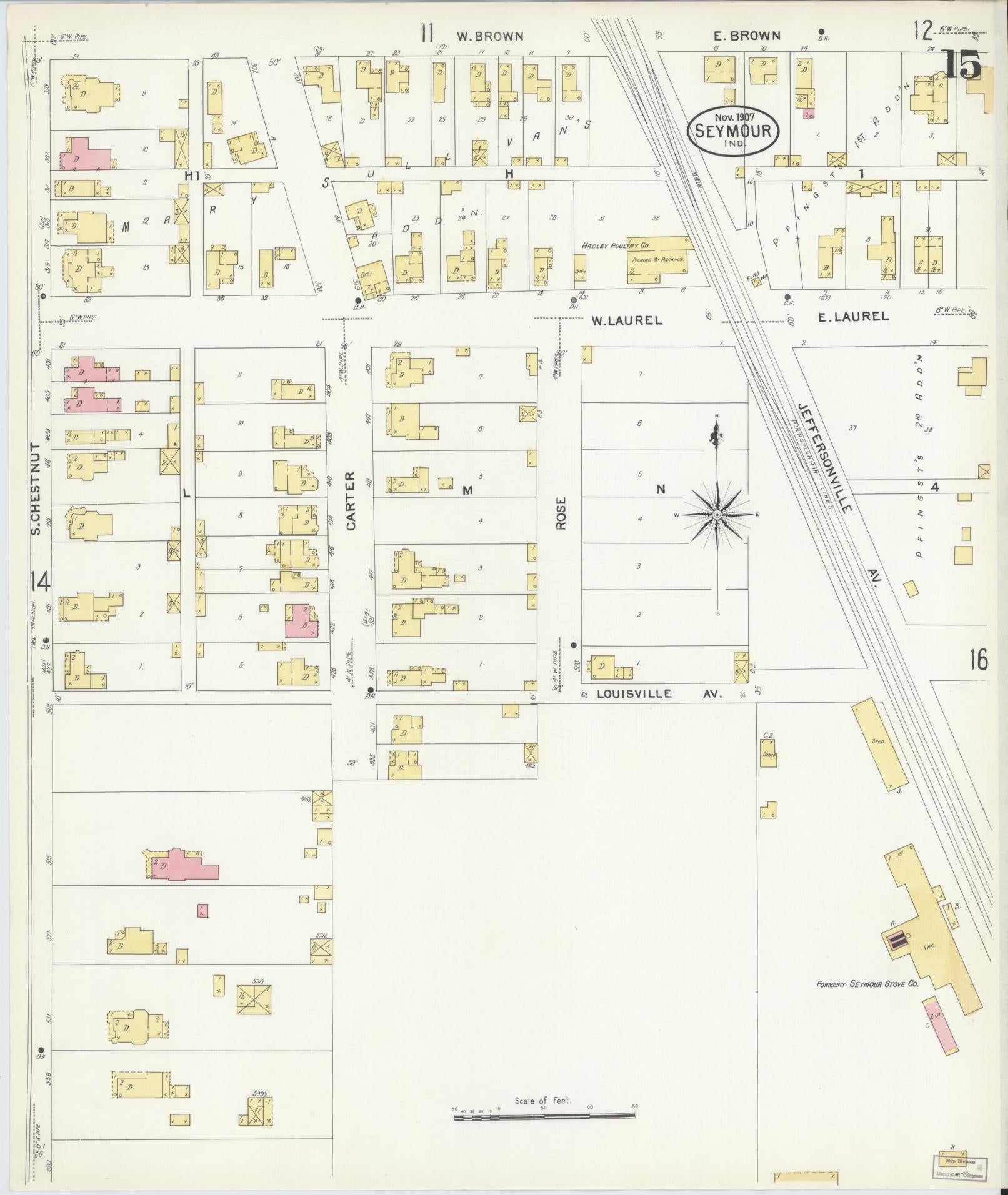 Sanborn Fire Insurance Map from Seymour, Jackson County, Indiana (1907), Sheet #0015 - Historic Sanborn Fire Insurance Map Print, vintage old map wall art, antique decor, genealogy gift, Indiana Indiana map