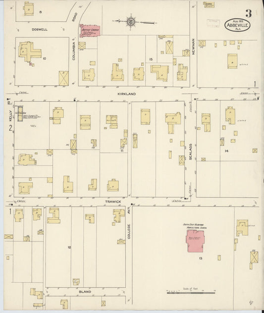 Sanborn Fire Insurance Map from Abbeville, Henry County, Alabama (1913), Sheet #0003 - Historic Sanborn Fire Insurance Map Print, vintage old map wall art, antique decor, genealogy gift, Alabama Alabama map