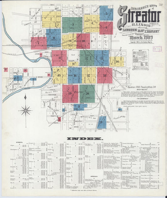 Sanborn Fire Insurance Map from Streator, La Salle County, Illinois (1909), Sheet #0001 - Historic Sanborn Fire Insurance Map Print, vintage old map wall art, antique decor, genealogy gift, Illinois Illinois map