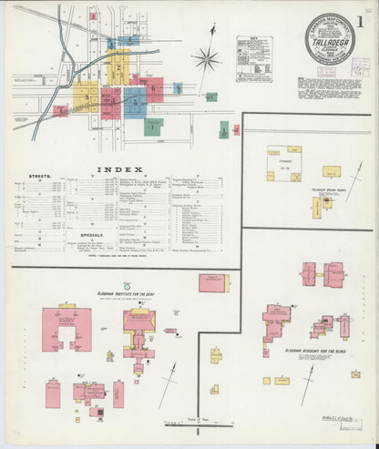 Sanborn Fire Insurance Map from Talladega, Talladega County, Alabama (1905), Sheet #0001 - Complete Map Set gallery image, historic Sanborn map, vintage wall art, Alabama Alabama