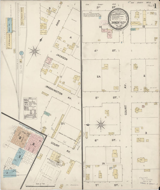 Sanborn Fire Insurance Map from Baker, Baker County, Oregon (1889), Sheet #0001 - Complete Map Set gallery image, historic Sanborn map, vintage wall art, Oregon Oregon