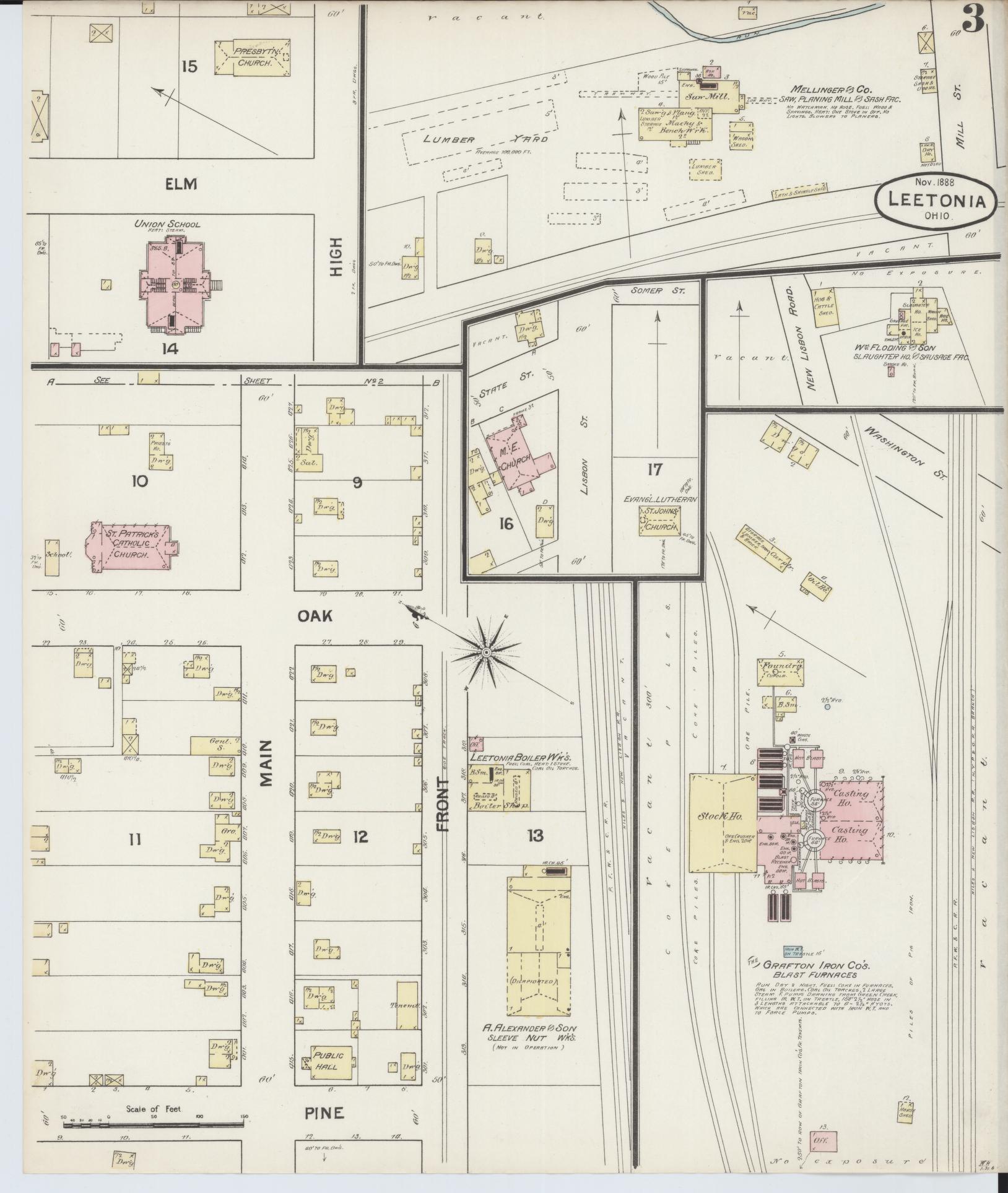 Sanborn Fire Insurance Map from Leetonia, Columbiana County, Ohio (1888), Sheet #0003 - Historic Sanborn Fire Insurance Map Print, vintage old map wall art, antique decor, genealogy gift, Ohio Ohio map