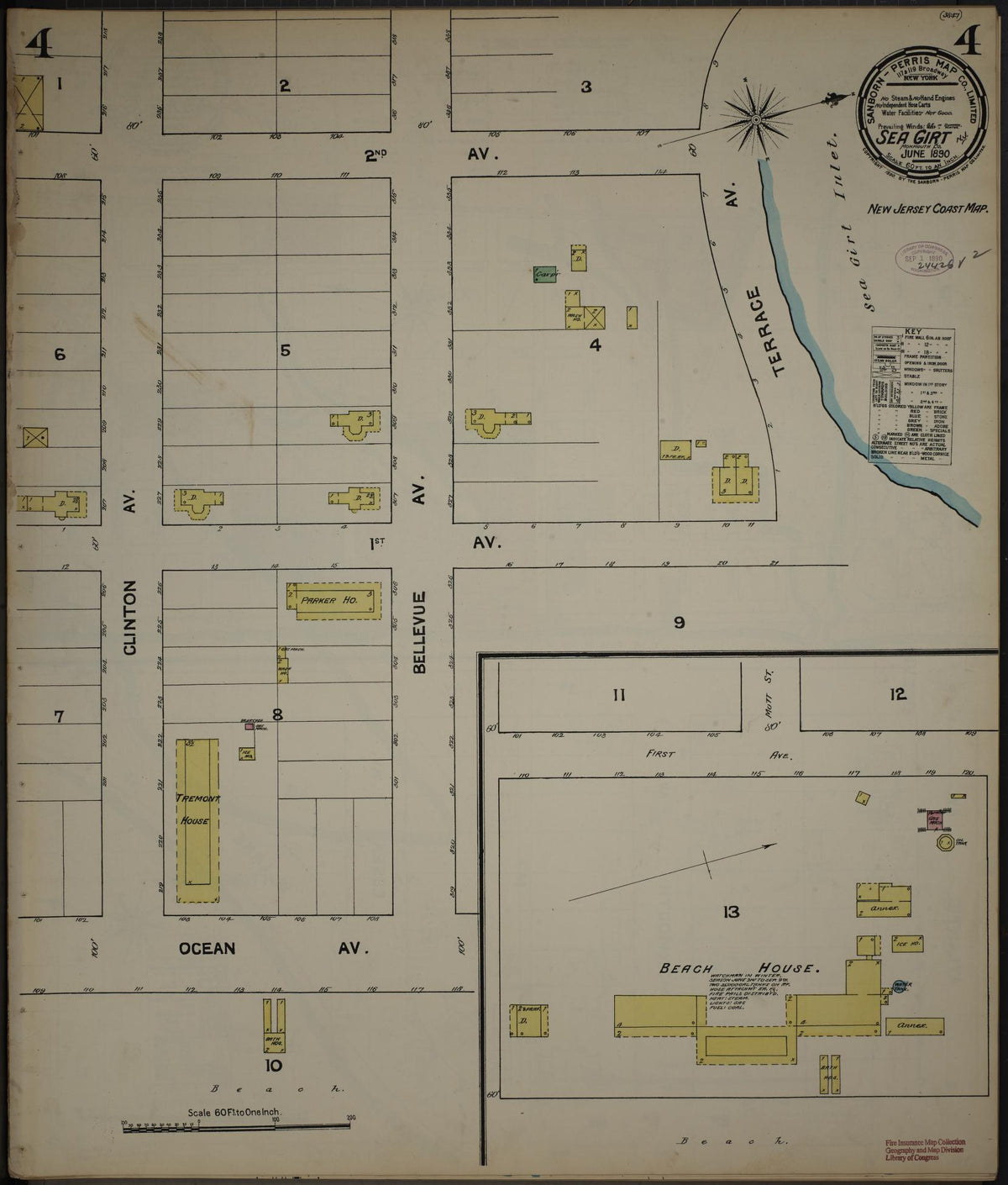 Sanborn Fire Insurance Map from New Jersey Coast, New Jersey Coast, New Jersey (1890), Sheet #0004 - Historic Sanborn Fire Insurance Map Print, vintage old map wall art, antique decor, genealogy gift, New Jersey Coast New Jersey map