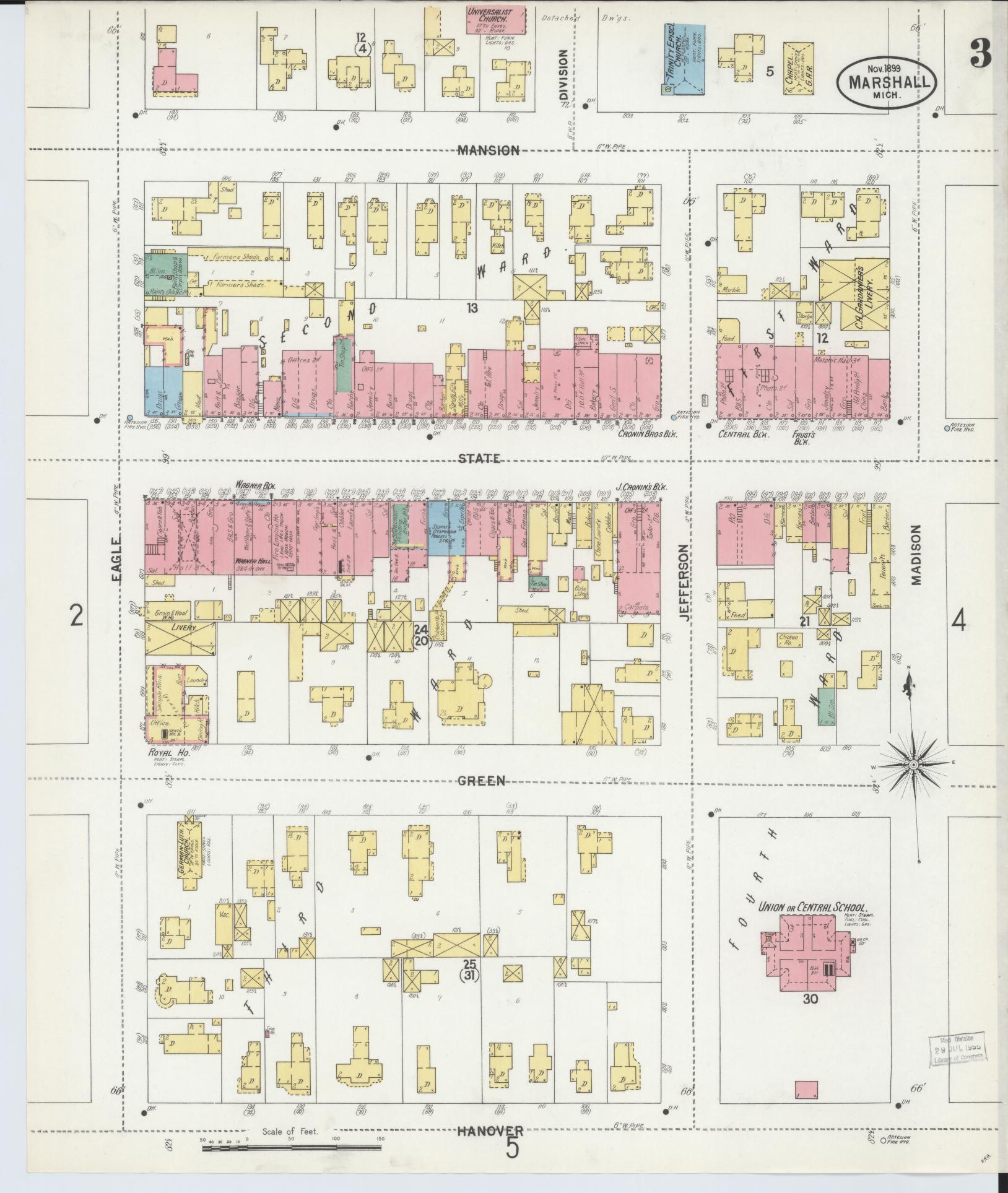 Sanborn Fire Insurance Map from Marshall, Calhoun County, Michigan (1899), Sheet #0003 - Complete Map Set gallery image, historic Sanborn map, vintage wall art, Michigan Michigan