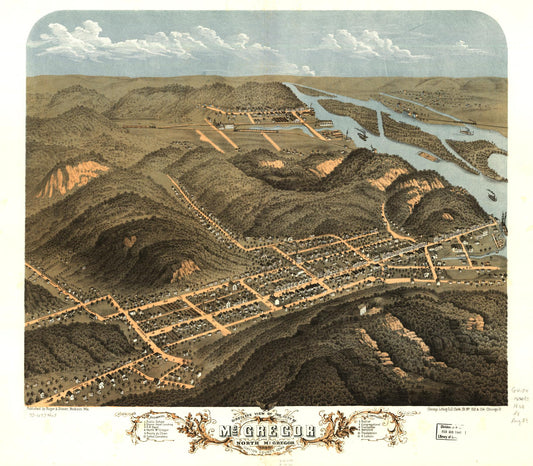 Bird's eye view of the city of McGregor and North McGregor, Clayton County, Iowa 1869. (1868) – Historic Bird’s-Eye View Panorama Print