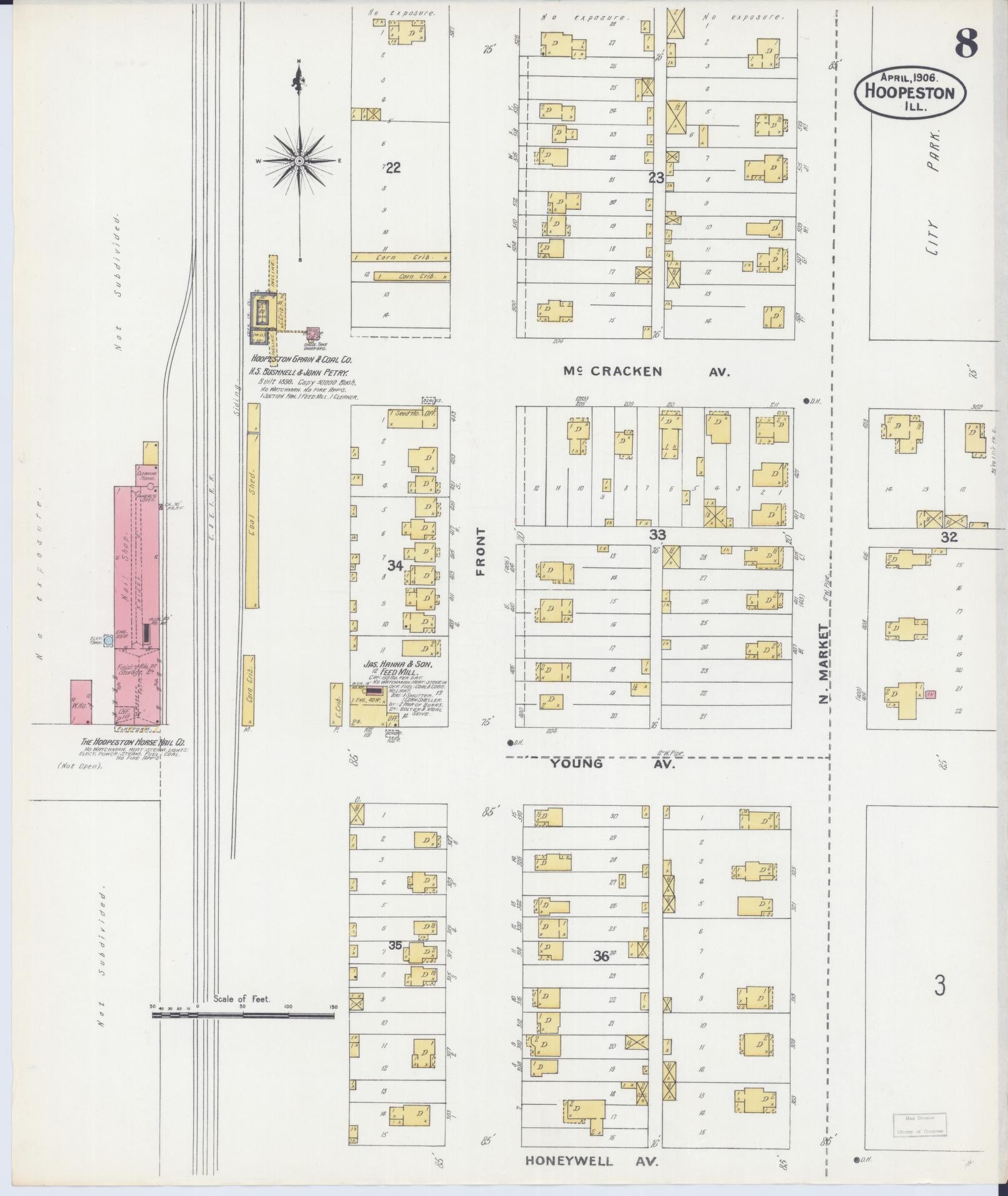Sanborn Fire Insurance Map from Hoopeston, Vermilion County, Illinois (1906), Sheet #0008 - Historic Sanborn Fire Insurance Map Print, vintage old map wall art, antique decor, genealogy gift, Illinois Illinois map