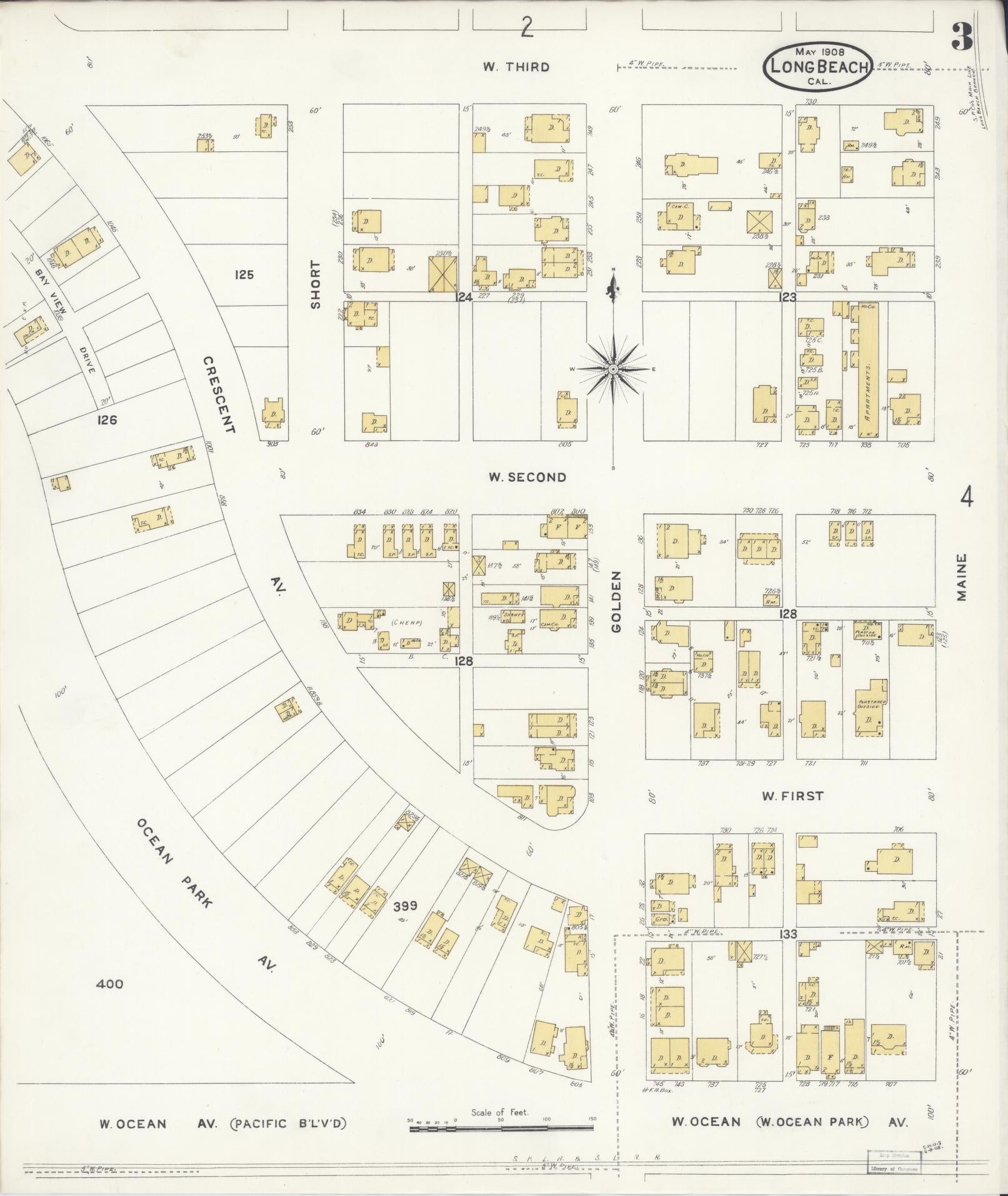 Sanborn Fire Insurance Map from Long Beach, Los Angeles County, California (1908), Sheet #0003 - Historic Sanborn Fire Insurance Map Print, vintage old map wall art, antique decor, genealogy gift, California California map