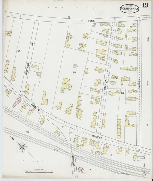 Sanborn Fire Insurance Map from Northampton, Hampshire County, Massachusetts (1889), Sheet #0013 - Historic Sanborn Fire Insurance Map Print, vintage old map wall art, antique decor, genealogy gift, Massachusetts Massachusetts map