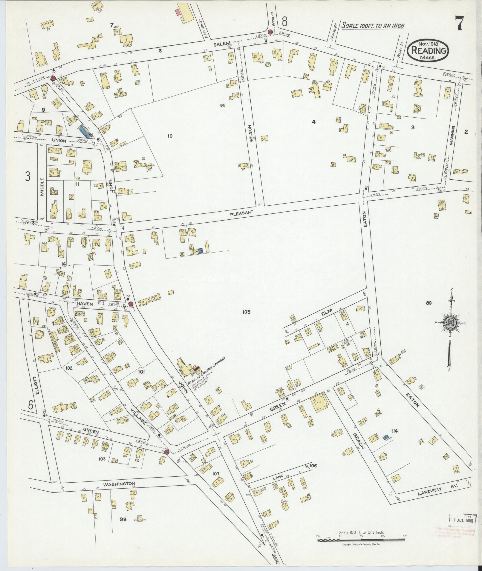 Sanborn Fire Insurance Map from Reading, Middlesex County, Massachusetts (1918), Sheet #0007 - Complete Map Set gallery image, historic Sanborn map, vintage wall art, Massachusetts Massachusetts