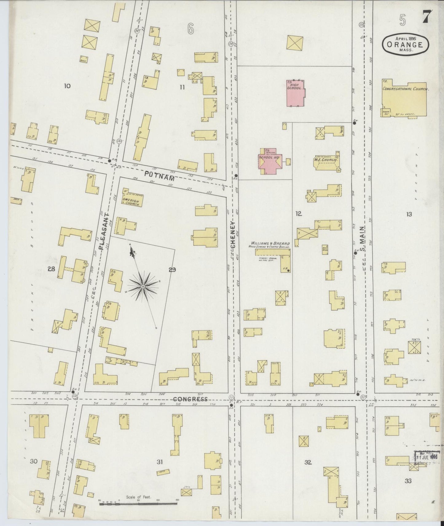 Sanborn Fire Insurance Map from Orange, Franklin County, Massachusetts (1895), Sheet #0007 - Historic Sanborn Fire Insurance Map Print, vintage old map wall art, antique decor, genealogy gift, Massachusetts Massachusetts map