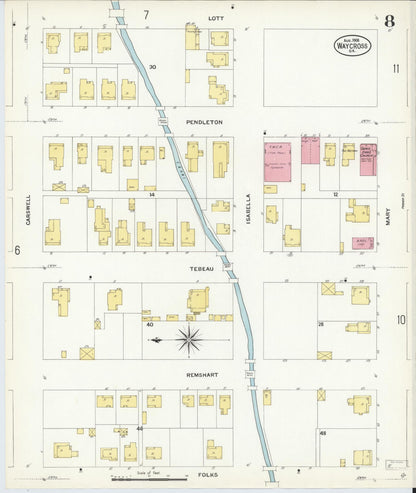 Sanborn Fire Insurance Map from Waycross, Ware County, Georgia (1908), Sheet #0008 - Complete Map Set gallery image, historic Sanborn map, vintage wall art, Georgia Georgia
