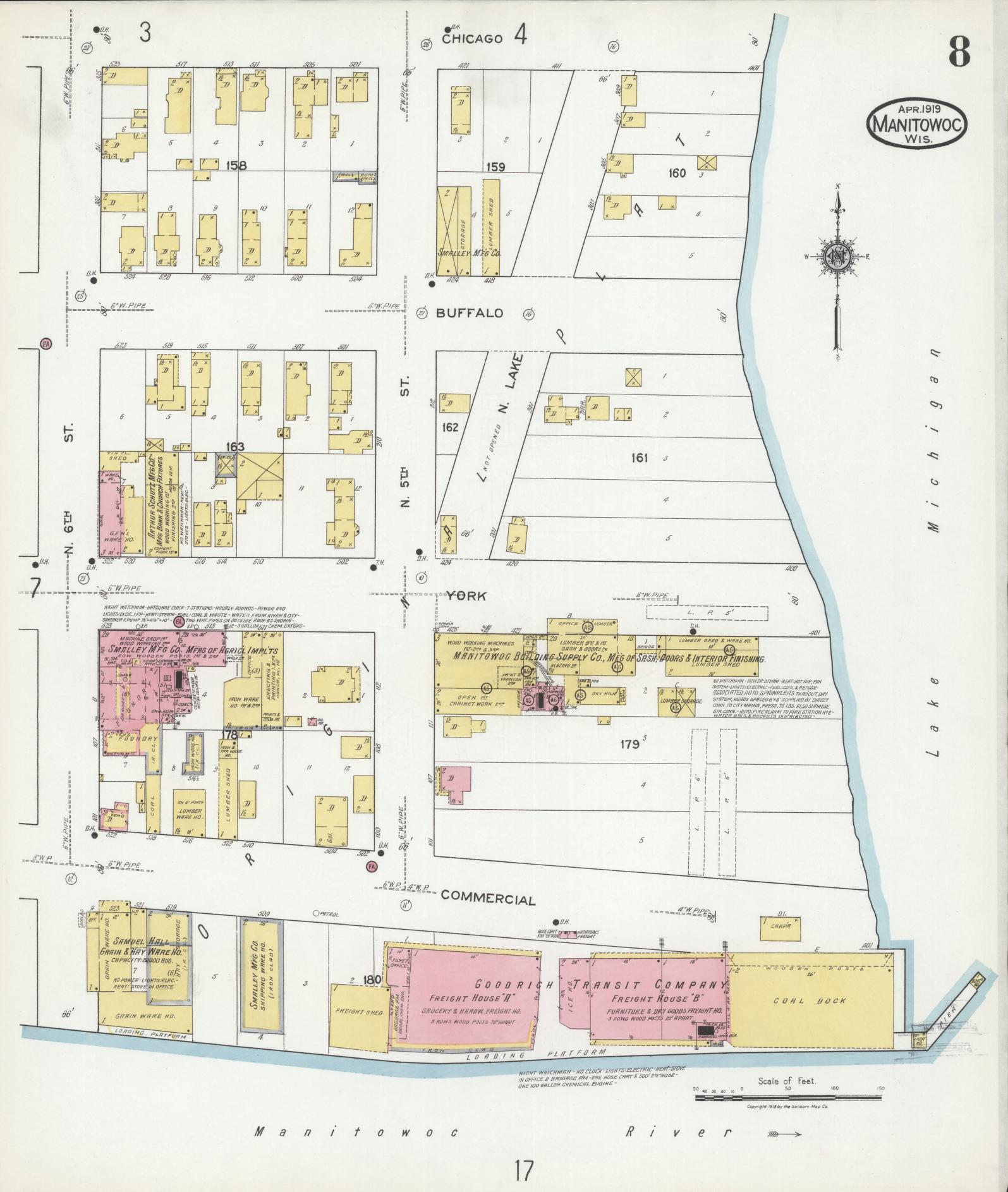 Sanborn Fire Insurance Map from Manitowoc, Manitowoc County, Wisconsin (1919), Sheet #0008 - Complete Map Set gallery image, historic Sanborn map, vintage wall art, Wisconsin Wisconsin
