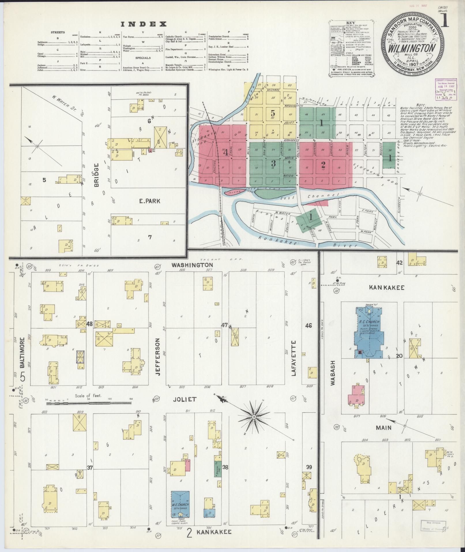 Sanborn Fire Insurance Map from Wilmington, Will County, Illinois (1907), Sheet #0001 - Historic Sanborn Fire Insurance Map Print, vintage old map wall art, antique decor, genealogy gift, Illinois Illinois map