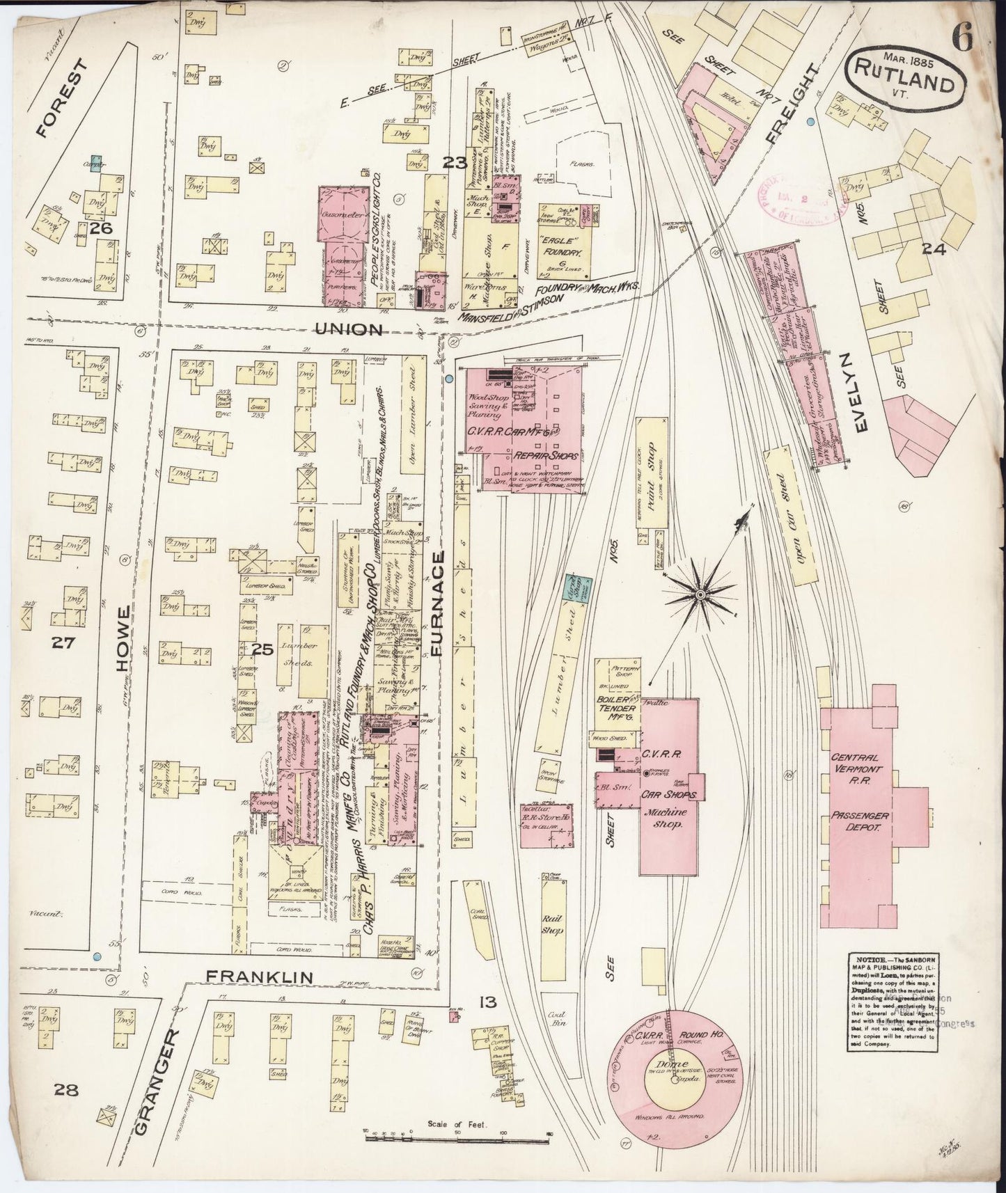 Sanborn Fire Insurance Map from Rutland, Rutland County, Vermont (1885), Sheet #0006 - Historic Sanborn Fire Insurance Map Print, vintage old map wall art, antique decor, genealogy gift, Vermont Vermont map
