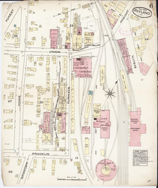 Sanborn Fire Insurance Map from Rutland, Rutland County, Vermont (1885), Sheet #0006 - Historic Sanborn Fire Insurance Map Print, vintage old map wall art, antique decor, genealogy gift, Vermont Vermont map