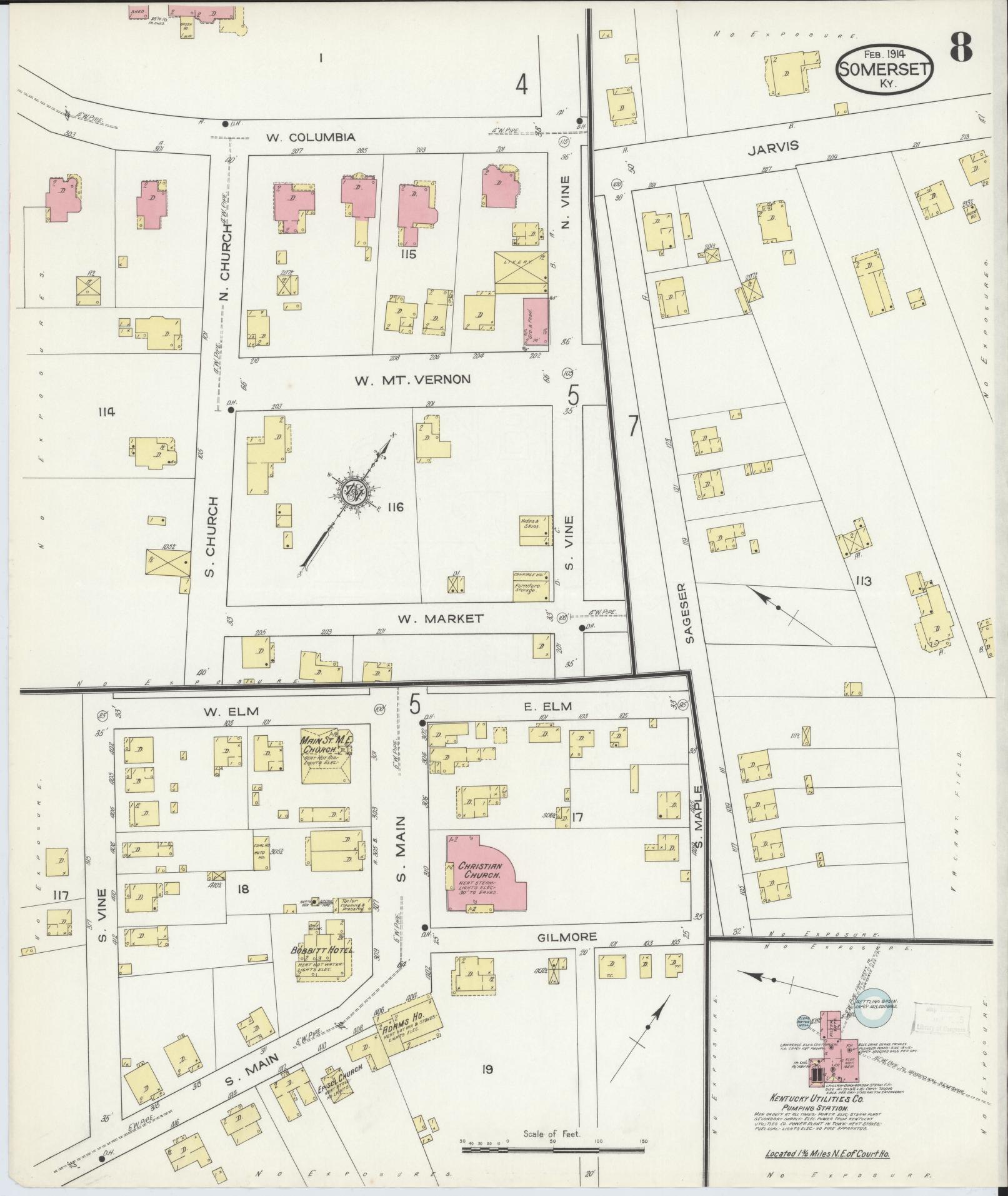Sanborn Fire Insurance Map from Somerset, Pulaski County, Kentucky (1914), Sheet #0008 - Historic Sanborn Fire Insurance Map Print, vintage old map wall art, antique decor, genealogy gift, Kentucky Kentucky map