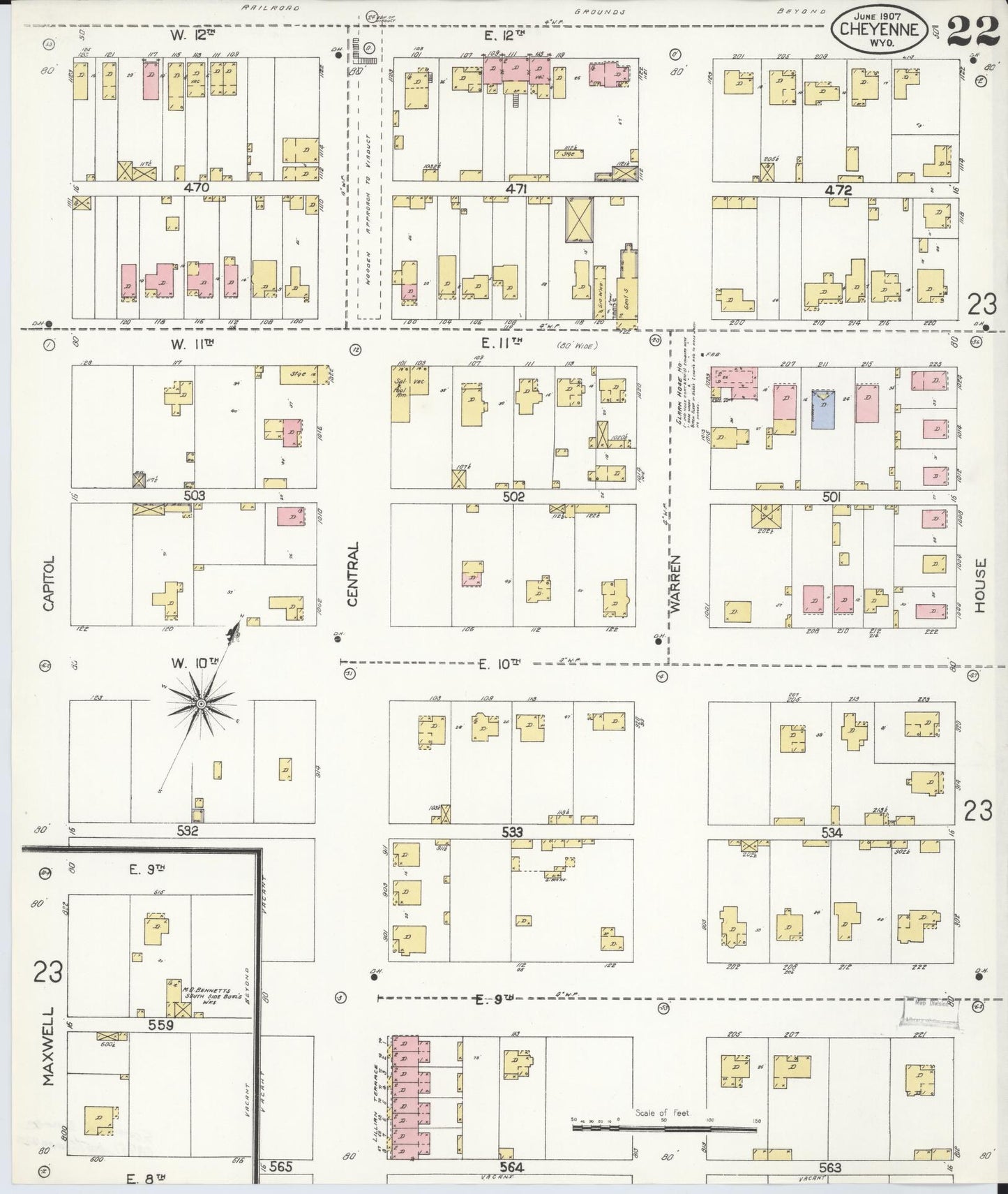 Sanborn Fire Insurance Map from Cheyenne, Laramie County, Wyoming (1907), Sheet #0022 - Complete Map Set gallery image, historic Sanborn map, vintage wall art, Wyoming Wyoming