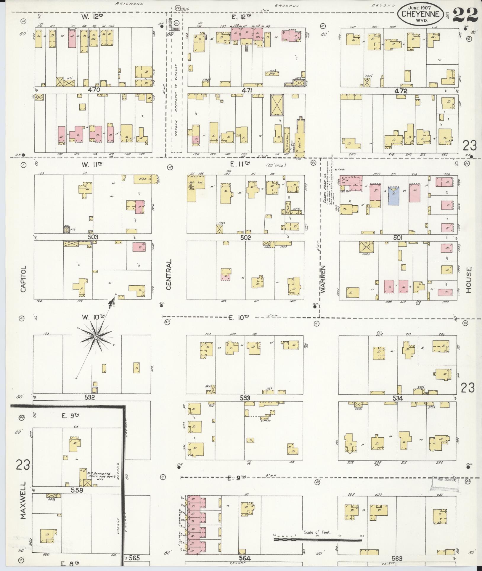 Sanborn Fire Insurance Map from Cheyenne, Laramie County, Wyoming (1907), Sheet #0022 - Complete Map Set gallery image, historic Sanborn map, vintage wall art, Wyoming Wyoming