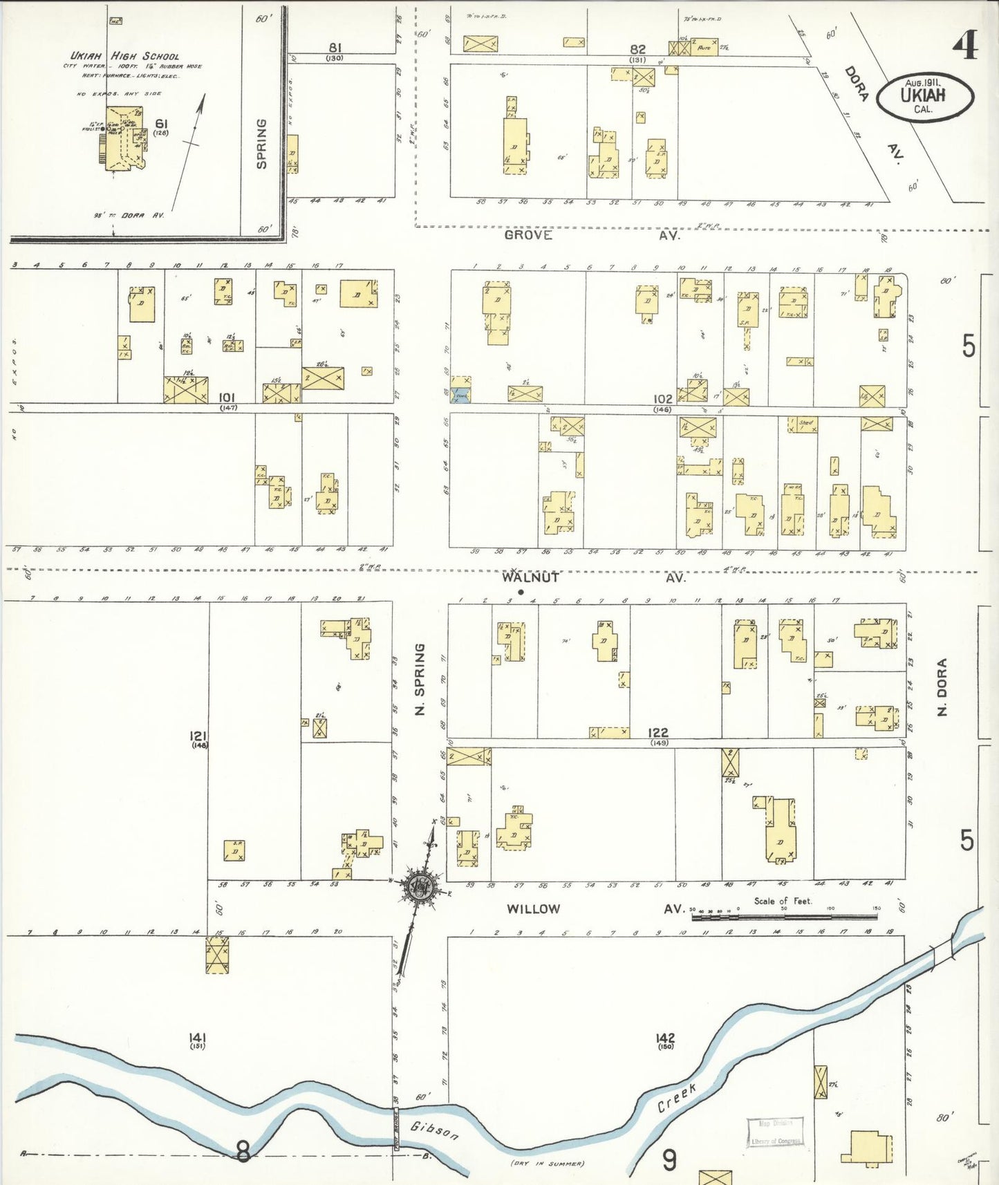 Sanborn Fire Insurance Map from Ukiah, Mendocino County, California (1911), Sheet #0004 - Complete Map Set gallery image, historic Sanborn map, vintage wall art, California California