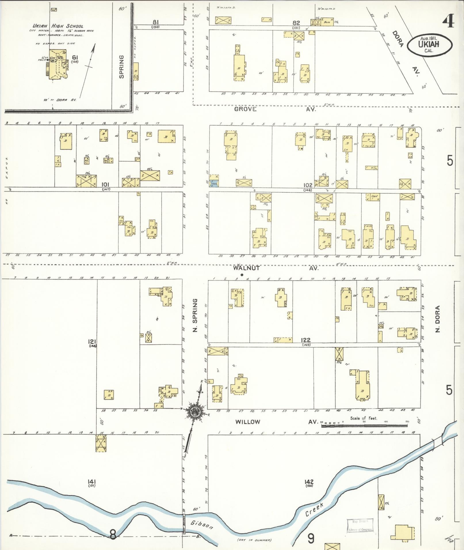 Sanborn Fire Insurance Map from Ukiah, Mendocino County, California (1911), Sheet #0004 - Complete Map Set gallery image, historic Sanborn map, vintage wall art, California California