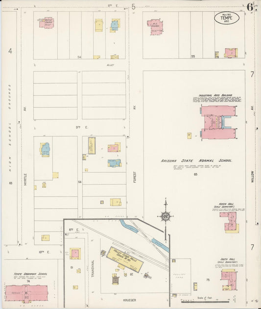 Sanborn Fire Insurance Map from Tempe, Maricopa County, Arizona (1915), Sheet #0006 - Historic Sanborn Fire Insurance Map Print, vintage old map wall art, antique decor, genealogy gift, Arizona Arizona map