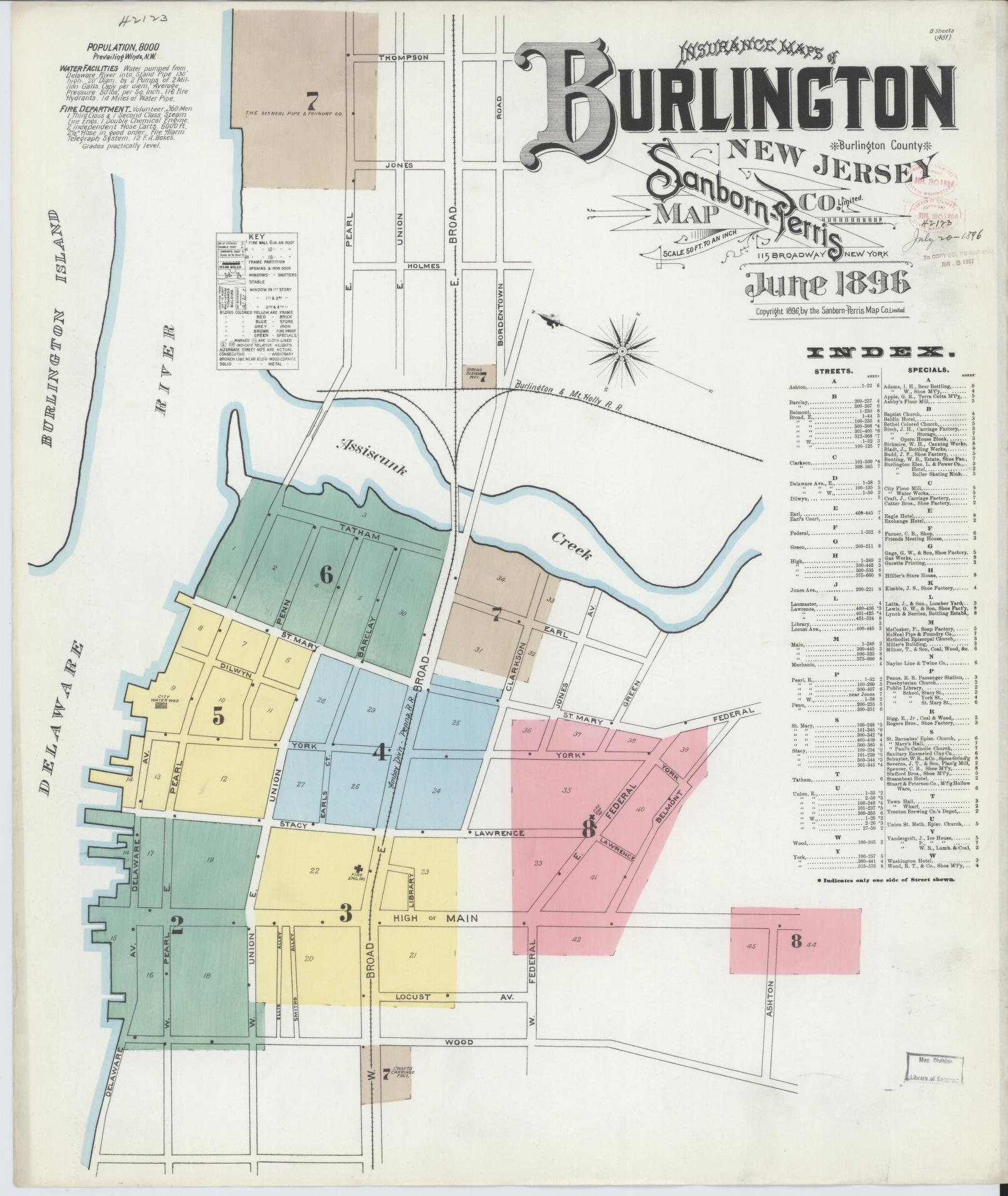 Sanborn Fire Insurance Map from Burlington, Burlington County, New Jersey. (1896) – Historic Sanborn Fire Insurance Map Print