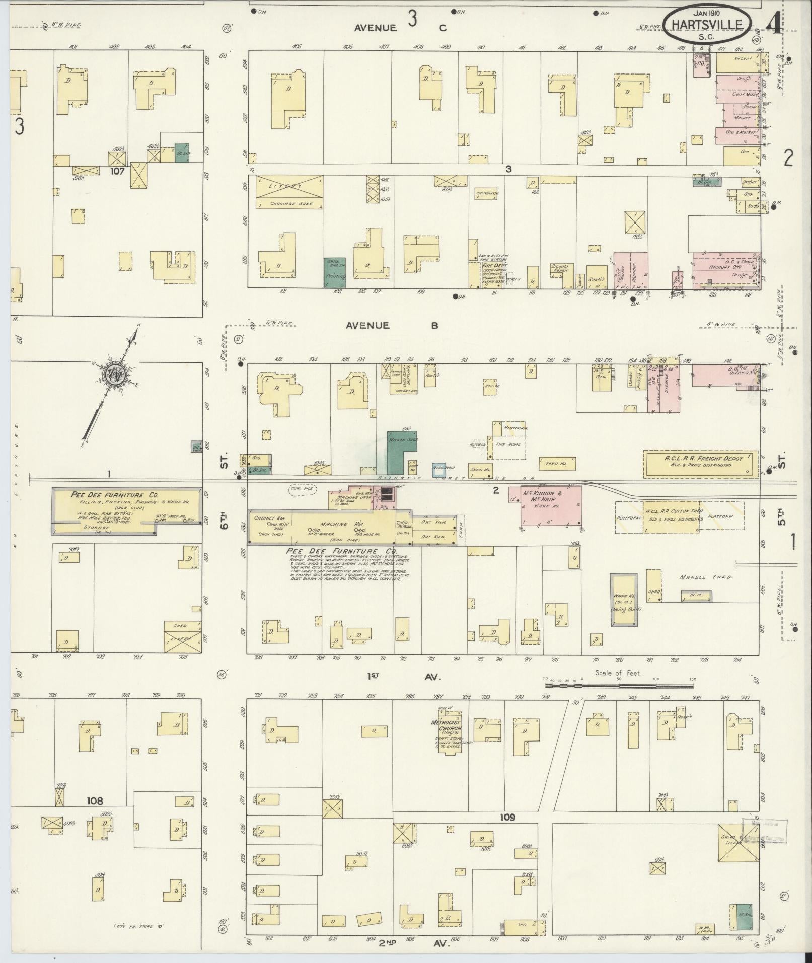 Sanborn Fire Insurance Map from Hartsville, Darlington County, South Carolina (1910), Sheet #0004 - Complete Map Set gallery image, historic Sanborn map, vintage wall art, South Carolina South Carolina