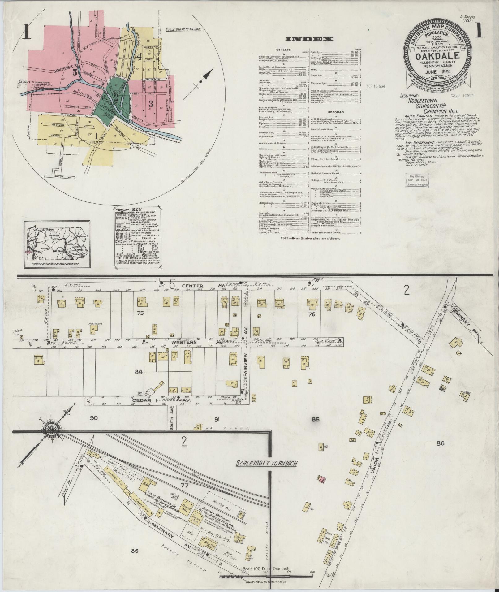 Sanborn Fire Insurance Map from Oakdale, Allegheny County, Pennsylvania (1924), Sheet #0001 - Complete Map Set gallery image, historic Sanborn map, vintage wall art, Pennsylvania Pennsylvania