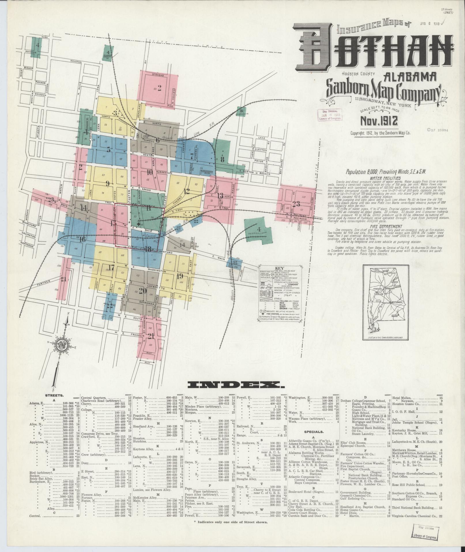 Sanborn Fire Insurance Map from Dothan, Houston County, Alabama (1912), Sheet #0001 - Complete Map Set gallery image, historic Sanborn map, vintage wall art, Alabama Alabama