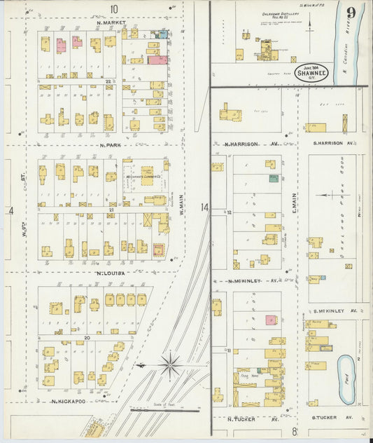 Sanborn Fire Insurance Map from Shawnee, Pottawatomie County, Oklahoma (1904), Sheet #0009 - Historic Sanborn Fire Insurance Map Print, vintage old map wall art, antique decor, genealogy gift, Oklahoma Oklahoma map