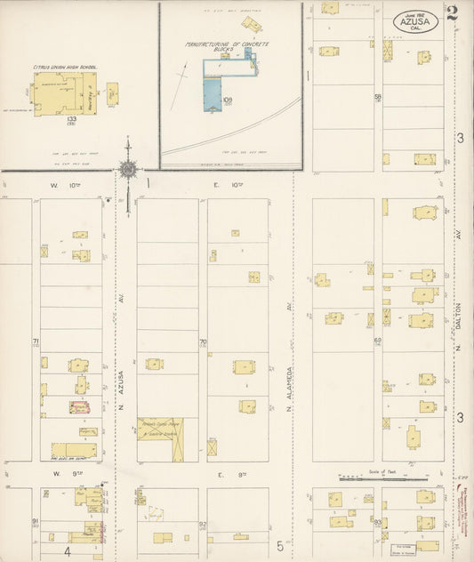 Sanborn Fire Insurance Map from Azusa, Los Angeles County, California (1912), Sheet #0002 - Historic Sanborn Fire Insurance Map Print, vintage old map wall art, antique decor, genealogy gift, California California map