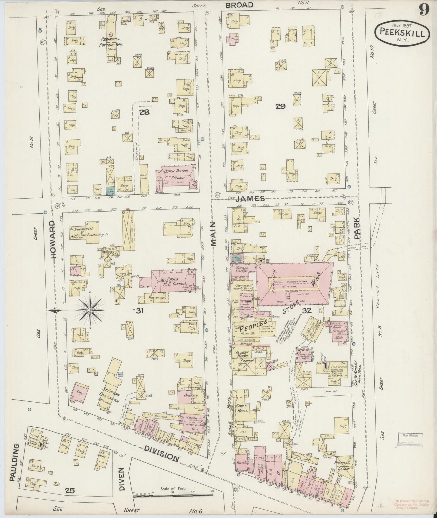 Sanborn Fire Insurance Map from Peekskill, Westchester County, New York (1887), Sheet #0009 - Complete Map Set gallery image, historic Sanborn map, vintage wall art, New York New York