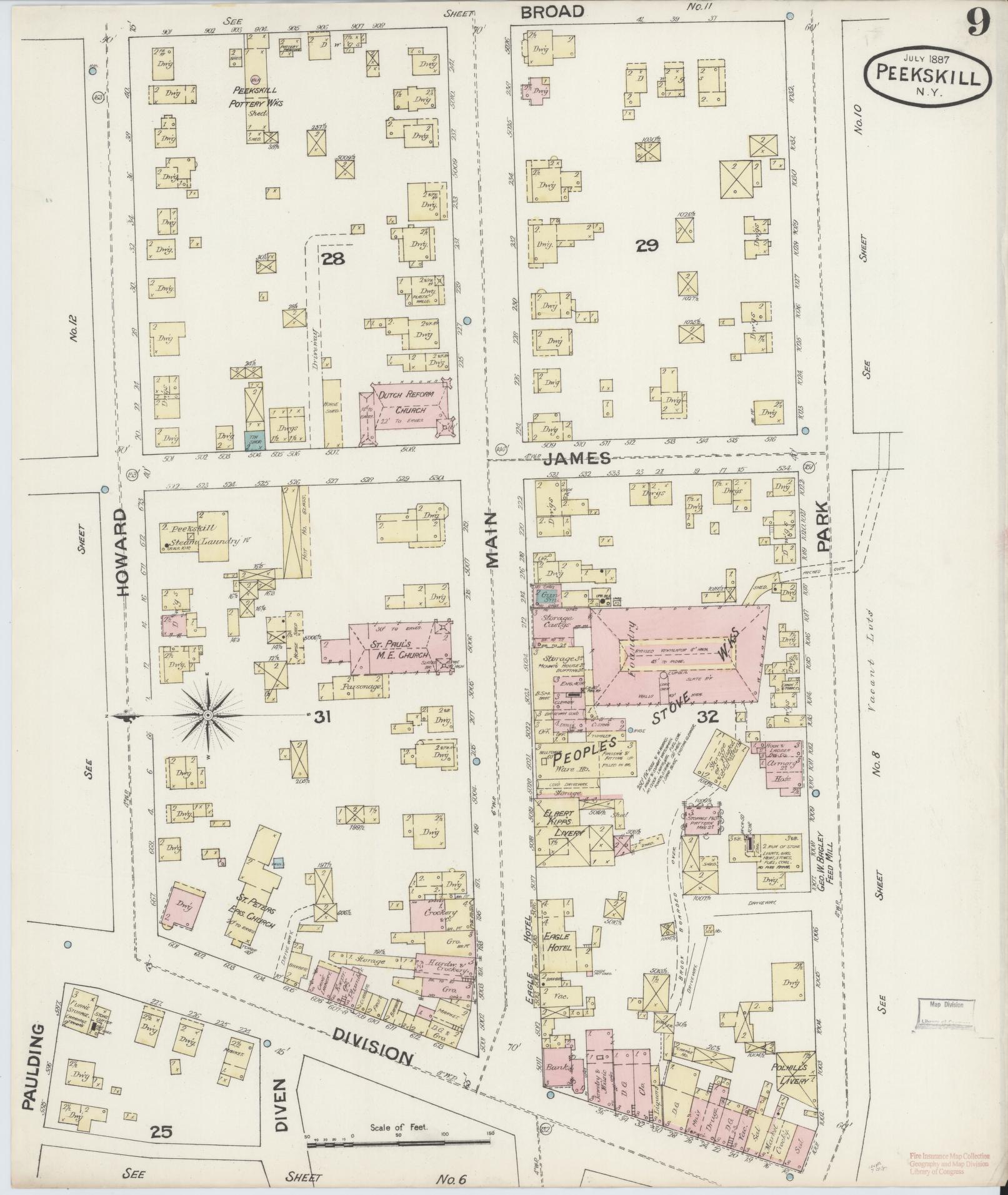 Sanborn Fire Insurance Map from Peekskill, Westchester County, New York (1887), Sheet #0009 - Complete Map Set gallery image, historic Sanborn map, vintage wall art, New York New York