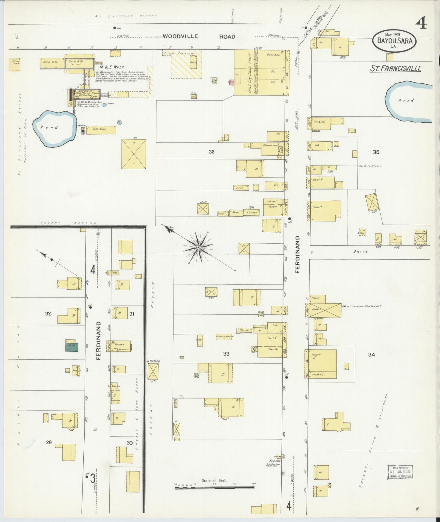 Sanborn Fire Insurance Map from Bayou Sara, West Feliciana Parish, Louisiana (1909), Sheet #0004 - Complete Map Set gallery image, historic Sanborn map, vintage wall art, Louisiana Louisiana